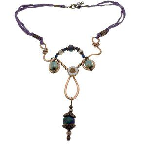 Handcrafted Mixed Media Necklace Hammered Copper Ceramic BeadsPurple Silk Cord